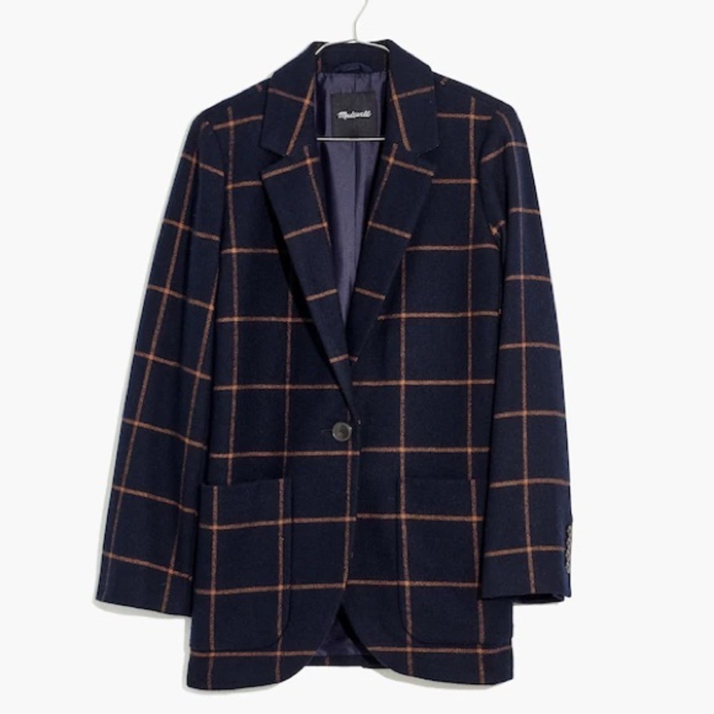 Madewell Larsen Dark Blue Checkered Wool Blazer